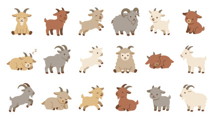 Obraz premium Collection of cute cartoon goats in various poses and colors, including babies and adults, on a white background.