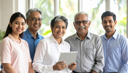 Fototapeta premium Smiling family portrait senior couple digital tablet happy generation indoor home casual clothing positive emotion diverse age natural light teamwork