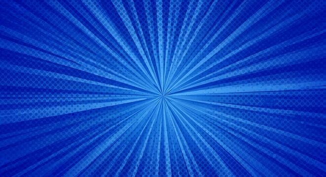 Blue comic book sunburst background with radial rays and dots