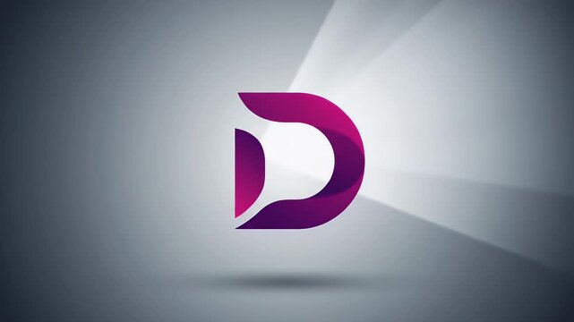 A modern glossy abstract D-shaped logo with purple and pink gradient on soft gray background