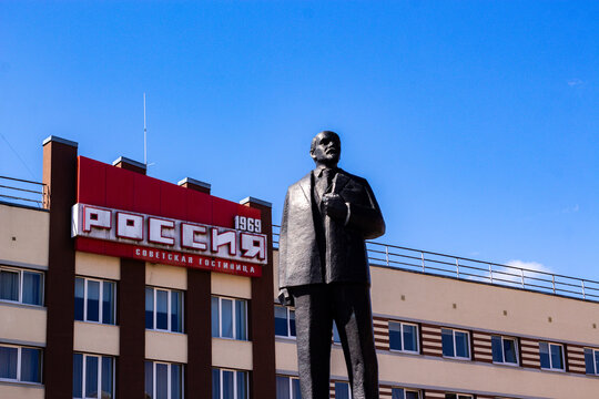 Sovetsk, Russia - 25/04/26. View of Lenin monument in front of local Hotel "Rossija". Ancestor of USSR and Communism