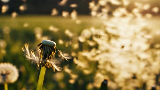 Dandelion seeds dispersing in golden hour sunlight over a green field
