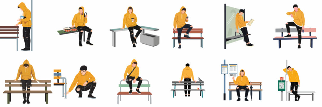 Collection of Flat Vector Illustrations of a Young Man in a Yellow Hoodie and Ripped Jeans in Different Urban Poses and Everyday Activities