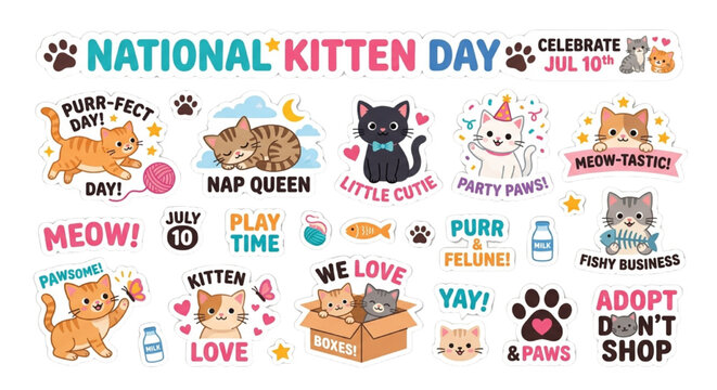 Adorable Collection of Hand Drawn Cute Kitten Stickers for Social Media and Scrapbooking Projects