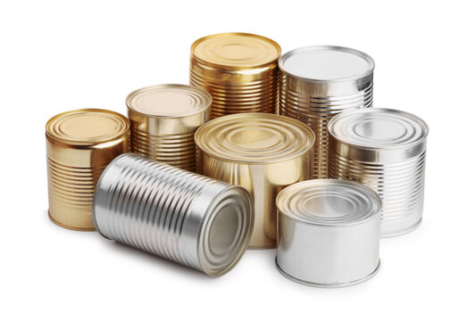 Group of various food tin cans
