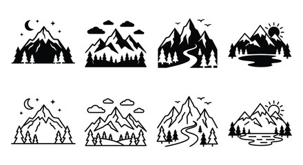 Obraz premium Mountain Range Line Art Set Scenic Outdoor Illustrations