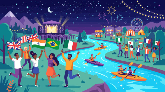 Diverse crowd celebrates at outdoor festival with international flags and music stage