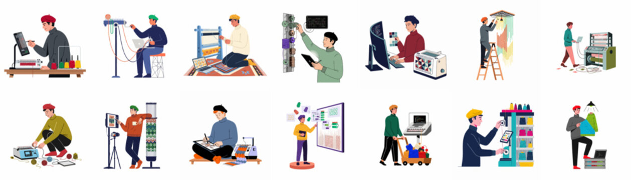 Collection of illustrations showing the integration of modern technology into traditional textile manufacturing, featuring digital knitting machines, computer-aided design, and automated weaving.