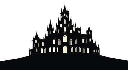Fototapeta premium Spooky silhouette of a large gothic castle with many towers and glowing windows on a dark hill at night.
