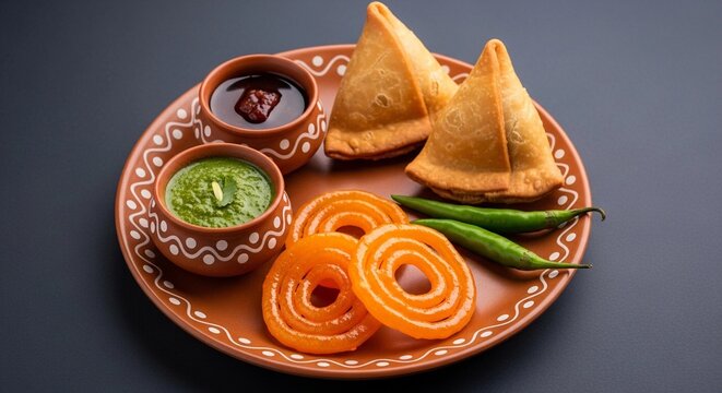 Delicious crispy fried samosas and sweet orange jalebi served on a rustic terracotta plate with spicy green chutney and tangy tamarind dip for an snack