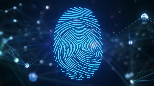 A glowing blue digital fingerprint surrounded by connected nodes and lines on a dark background, symbolizing cybersecurity, identity verification, and biometric data in modern technology.