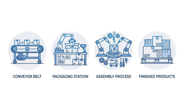 Industrial manufacturing line and packaging process icons.