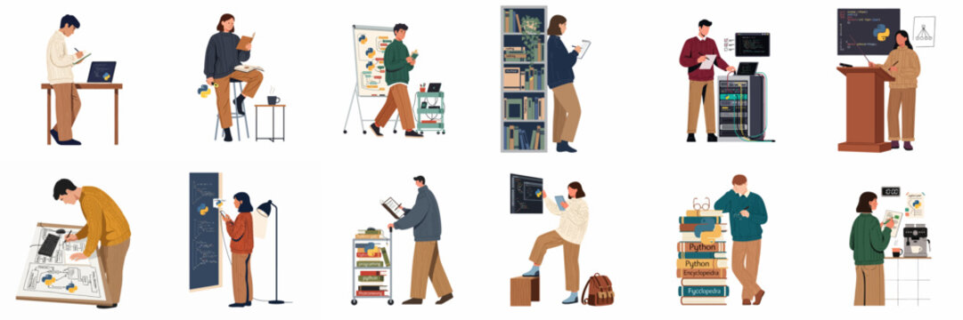 Set of illustrations depicting people engaged in Python programming, including coding, studying, managing servers, and giving presentations in academic and professional settings.