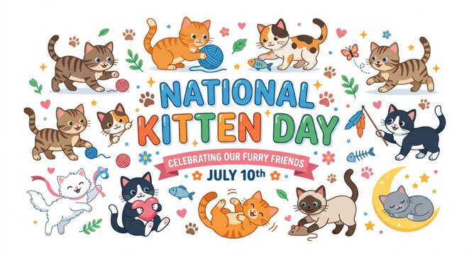 Cute cartoon kittens playing with toys for national kitten day banner illustration
