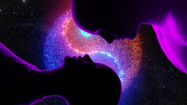 A glowing celestial fire in the dark night sky illuminates the universe, casting an energetic light over a distant planet, smoke, and stars in a beautiful galaxy animation design