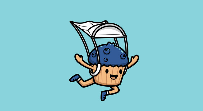 Cartoon blueberry muffin character skydiving with a parachute.