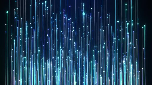 Vertical streaks of glowing blue and turquoise light resembling fiber‑optic cables on a dark background, symbolizing data flow, connectivity, and futuristic digital communication.
