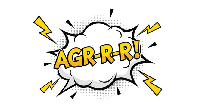 Comic book style speech burst with the aggressive text agr-r-r inside a white cloud with yellow lightning bolts.