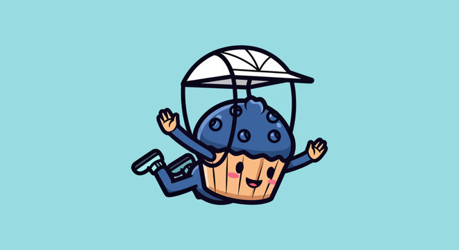 Cartoon blueberry muffin character skydiving with a parachute.