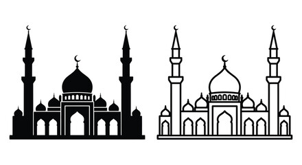 Islamic mosque silhouettes with crescent moons black and white vector illustration © MstSuraiya