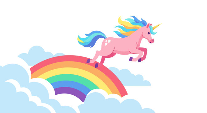 Pink Unicorn Leaping Over Rainbow Surrounded by Clouds, Fantasy Illustration