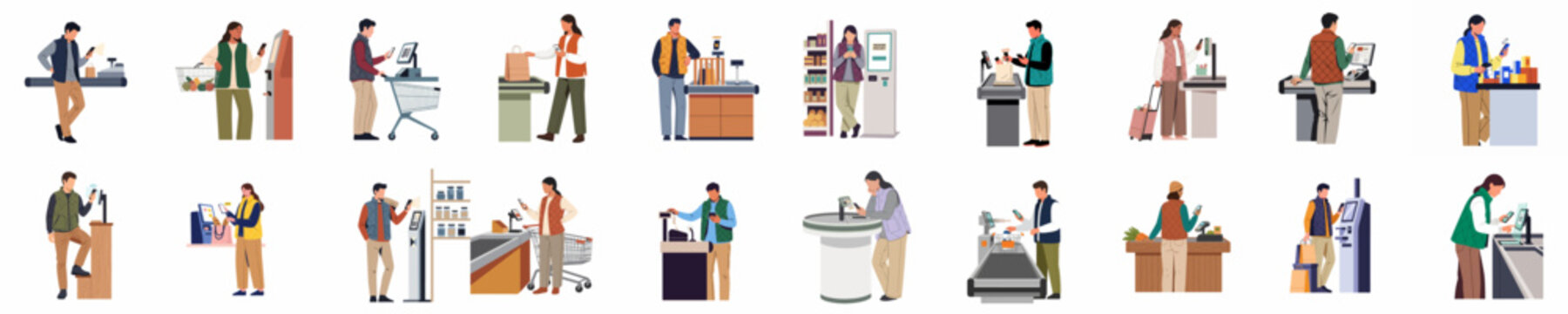 Vector illustration set of diverse people using self-checkout kiosks and mobile payment systems in retail stores and supermarkets, isolated on white background.