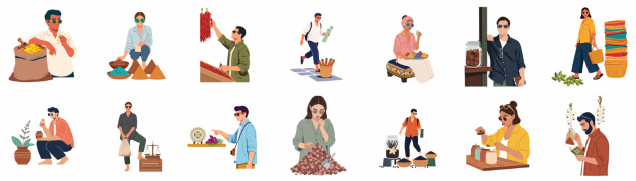 Flat vector illustration set featuring people exploring, smelling, and buying various aromatic spices and herbs at a vibrant traditional marketplace.