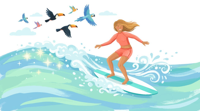 Vector illustration of a young woman surfing on a turquoise ocean wave wearing a pink rash guard, with flying tropical toucans and parrots overhead against a white background.