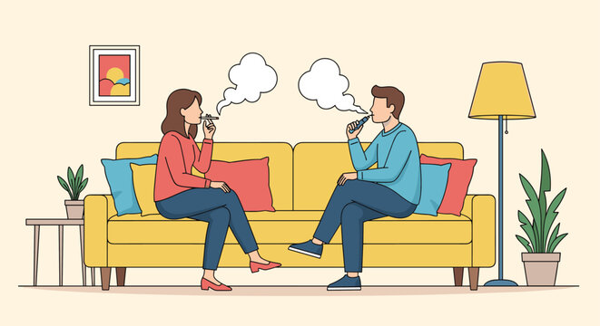 Man and woman sitting on a yellow sofa and using electronic cigarettes while exhaling clouds of vapor in a living room.