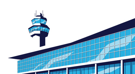 Obraz premium Modern airport control tower and terminal building with large glass windows under a clear bright sky.
