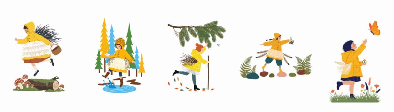 Whimsical vector illustration set of a little girl in a yellow raincoat enjoying outdoor adventures in nature, from jumping in puddles to catching butterflies.