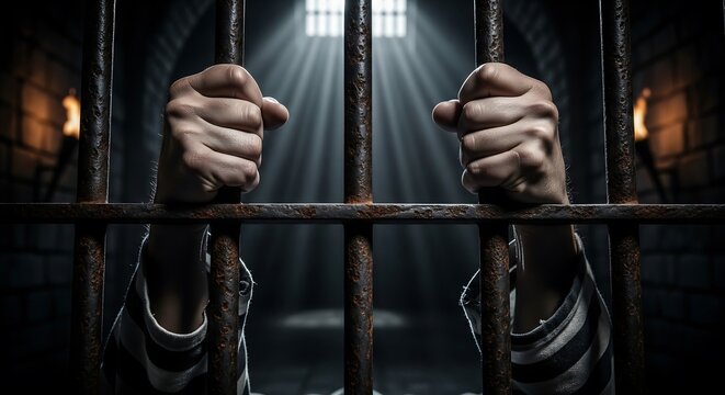Prisoner Behind Bars in a Dark Cell with Hands Clasped, Confinement and Imprisonment Theme