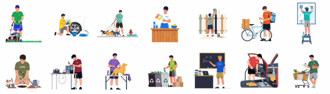 Set of illustrations depicting a young man performing various summer jobs and part-time tasks like dog walking, delivery, gardening, and tutoring.