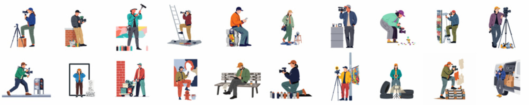 Collection of diverse urban characters engaged in filmmaking, photography, and street art production with professional cameras and equipment.