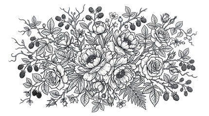 Hand drawn vintage rose and berry floral bouquet illustration. © sabar