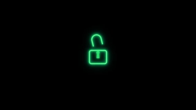 Neon Padlock Unlocking with Key Animation Security Access Granted on Dark Background Loop