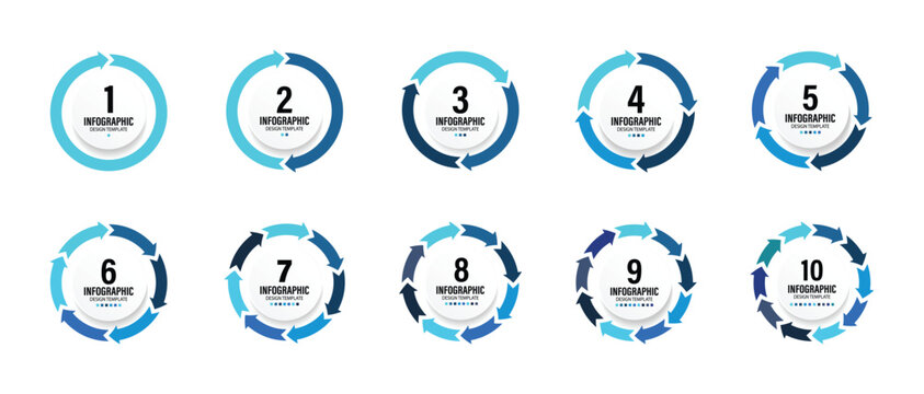 Colorful circle arrow charts. Multicolor spinning arrows, repeat circle and reload icon vector set. Circle arrows icon set. Business strategy workflow process infographic elements, circular diagrams.