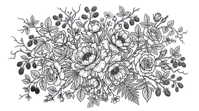 Hand drawn vintage rose and berry floral bouquet illustration.