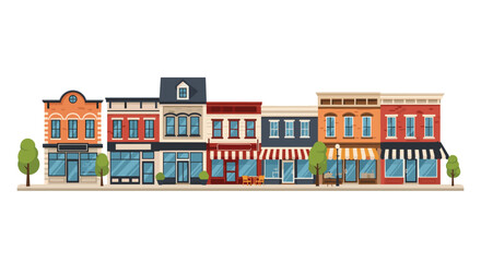 Fototapeta premium Vibrant row of vintage-style building storefronts with colorful facades and striped awnings on a white background.