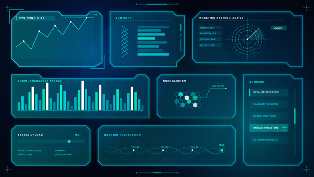 Futuristic blue holographic dashboard interface with data panels
