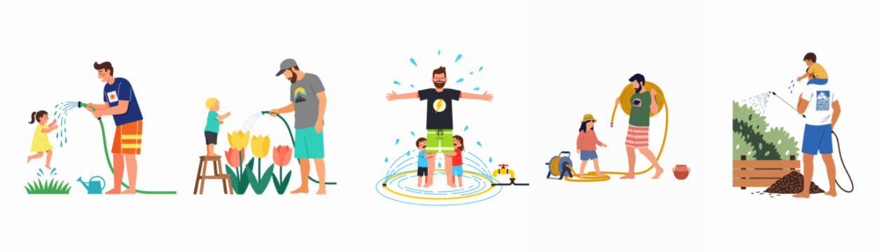 Vector illustration set of fathers and children engaged in outdoor activities like watering flowers, playing with water hoses, and using garden sprinklers.