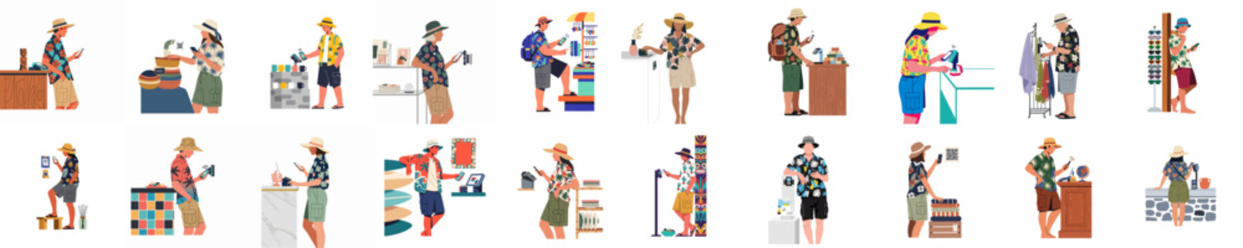 Collection of diverse tourists in summer outfits making contactless digital payments at various shops and stalls using smartphones and cards, flat vector illustration.