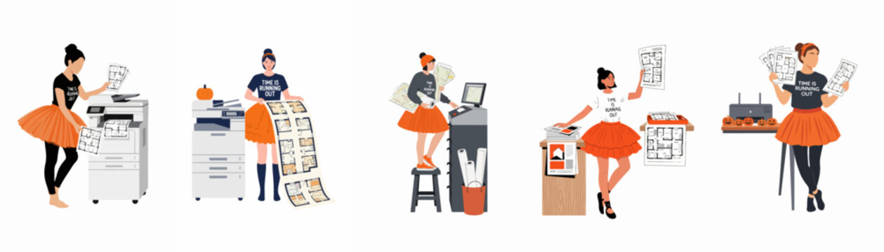 Illustration set of a woman in an orange tutu printing and organizing architectural floor plans, featuring a 'time is running out' deadline theme.