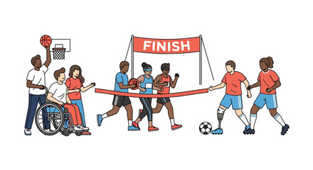 Fototapeta premium Diverse athletes crossing finish line in inclusive sports event illustration
