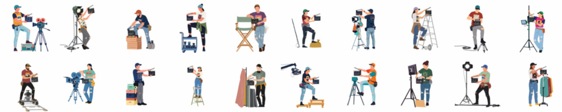 Flat illustration set of diverse film crew members working with cameras, clapperboards, and lighting equipment on a professional movie production set.
