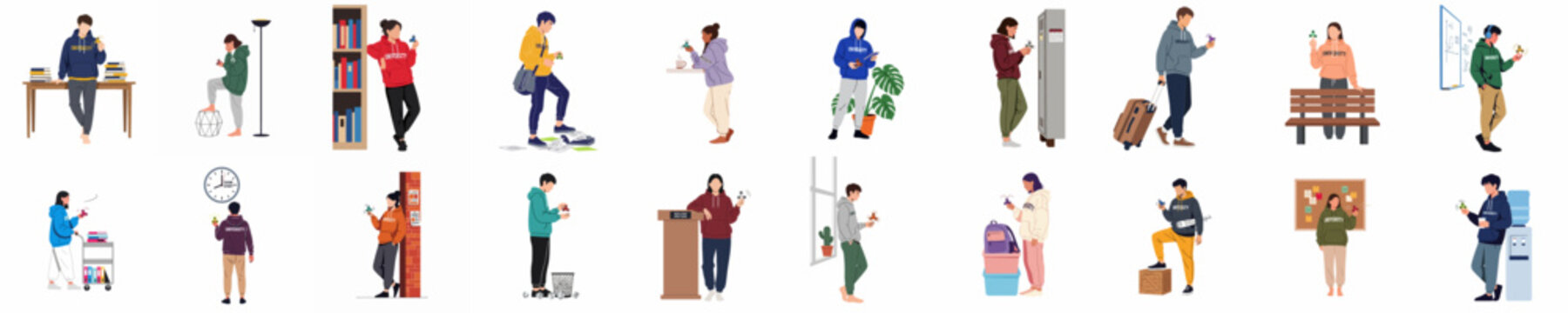 Set of flat vector illustrations featuring diverse university students using fidget spinners for stress relief and focus in various campus environments.
