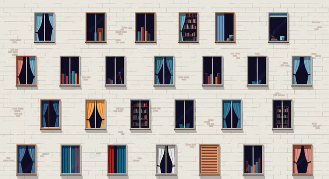 Detailed view of an apartment building facade at night with illuminated windows showing bookshelves and curtains.