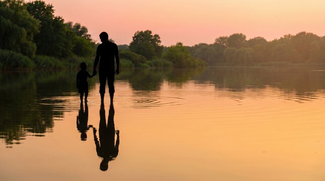 Father and child holding hands walking in shallow river water at sunset with reflections
