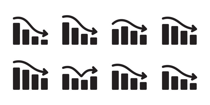 Graphic set of decreasing chart icons with curved arrows showing downward trend for financial loss analysis.