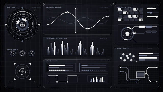 Futuristic dark dashboard interface with charts and controls